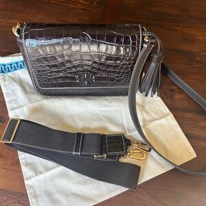 Tory Burch Thea Embossed Web Flap Crossbody Croc Dark Mahogany NWT